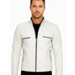 Mens Off White Café Racer Leather Jacket