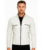 Mens Off White Café Racer Leather Jacket