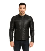 Men’s Padded Black Cafe Racer Real Leather Jacket
