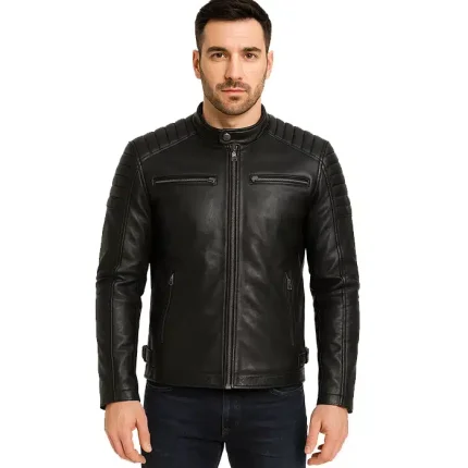 Men’s Padded Black Cafe Racer Real Leather Jacket