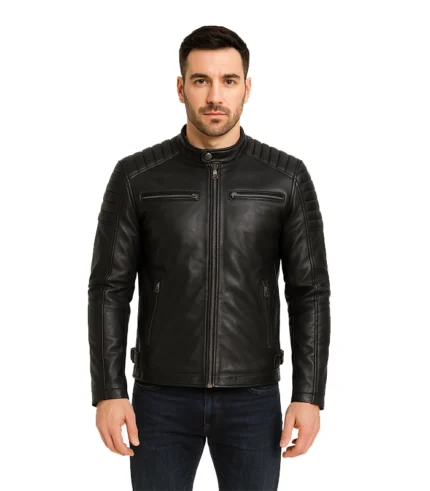 Men’s Padded Black Cafe Racer Real Leather Jacket
