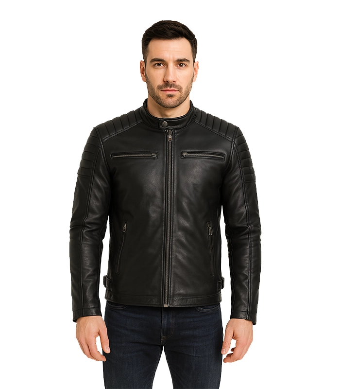 Men’s Padded Black Cafe Racer Real Leather Jacket Men’s Padded Black Cafe Racer Real Leather Jacket