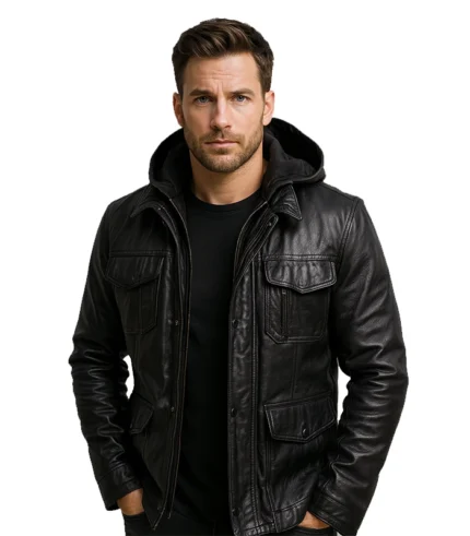 Moulder Hooded Black Leather Jacket