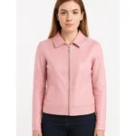 Pink Classic Leather Jacket With Collar