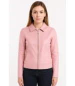 Pink Classic Leather Jacket With Collar