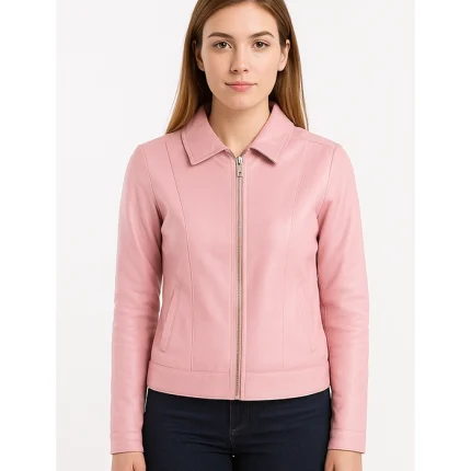 Pink Classic Leather Jacket With Collar