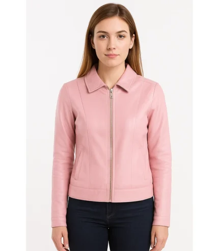 Pink Classic Leather Jacket With Collar
