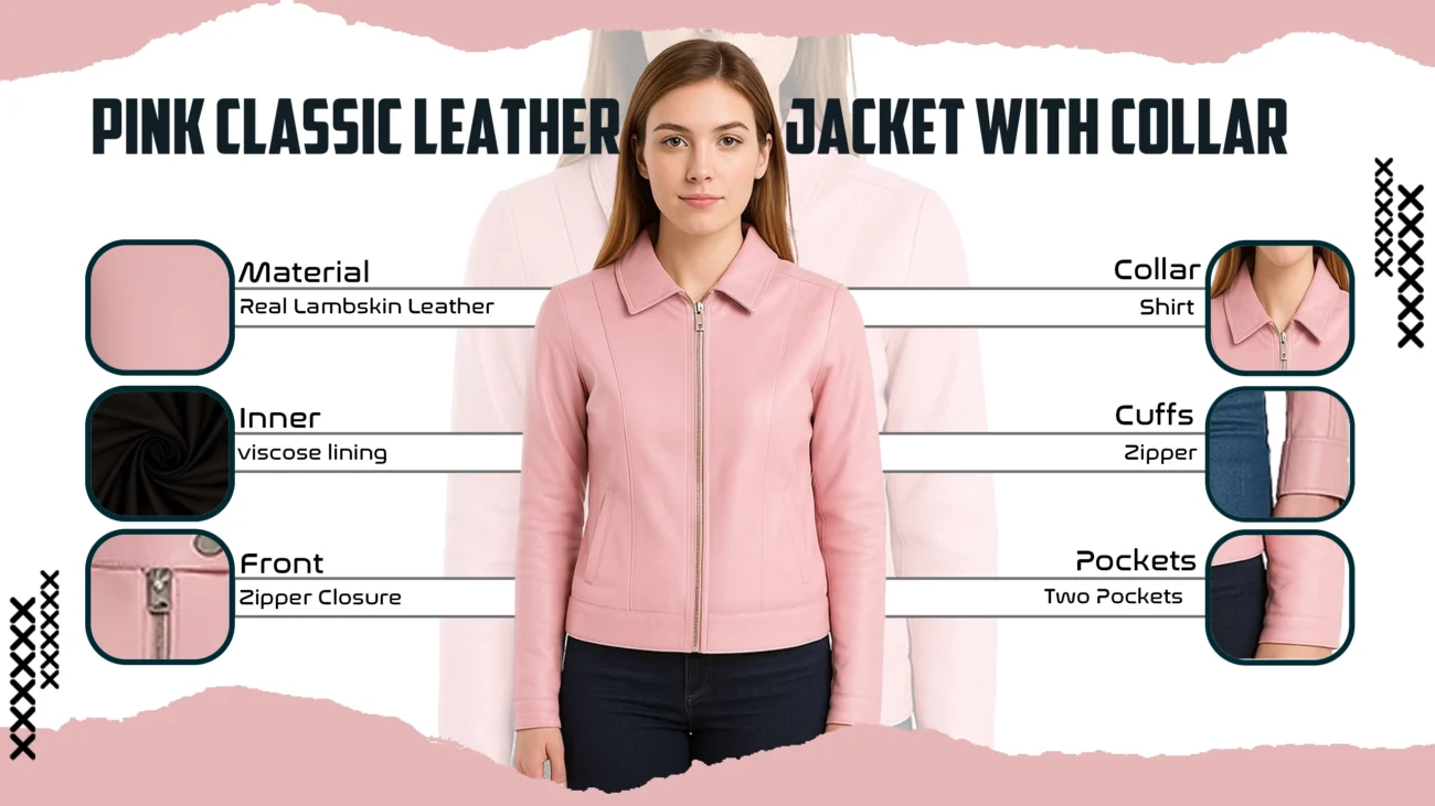 Pink Classic Leather Jacket With Collar