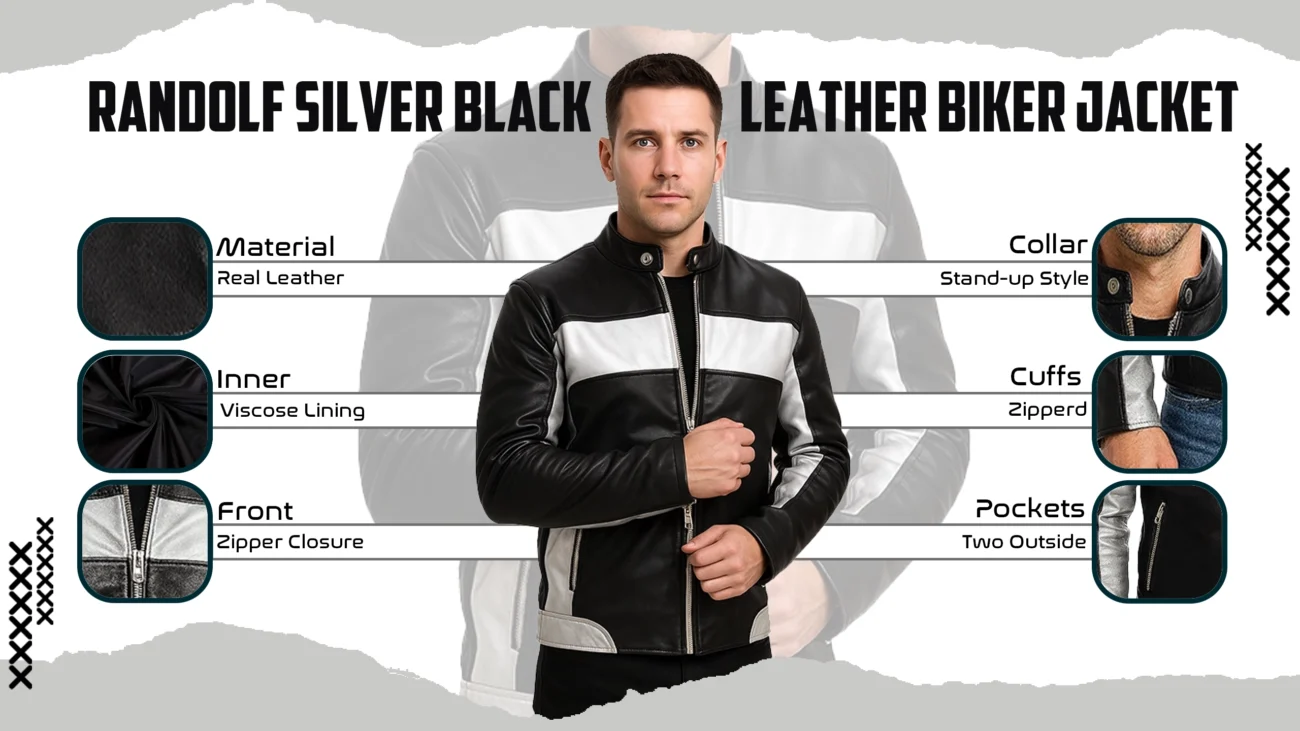 Randolf Silver Black Leather Biker Jacket