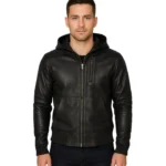 Richards Black Leather Bomber Jacket With Hood