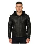 Richards Black Leather Bomber Jacket With Hood