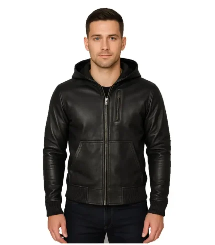 Richards Black Leather Bomber Jacket With Hood