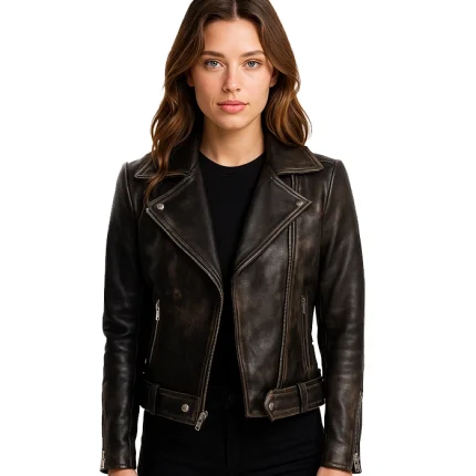 Rumy Distressed Brown Leather Biker Jacket