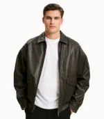 Men’s Rustic Rebel leather bomber jacket in distressed brown featuring a classic shirt-style collar, ribbed cuffs, and front flap pockets.