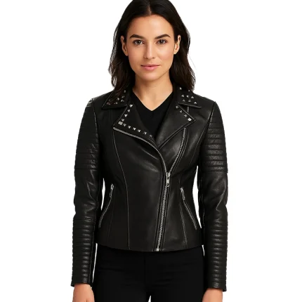 Sally Mae Studded Black Leather Biker Jacket