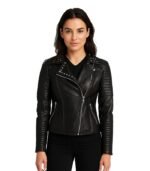 Women’s Sally Mae black leather biker jacket featuring silver stud detailing on the lapels, asymmetric zipper closure, and zippered cuffs.