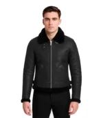 Shearling B-3 Distressed Black Leather Bomber Jacket