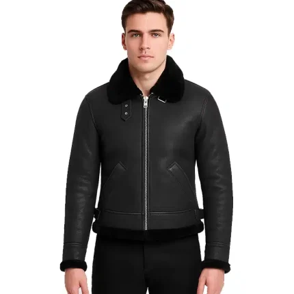 Shearling B-3 Distressed Black Leather Bomber Jacket