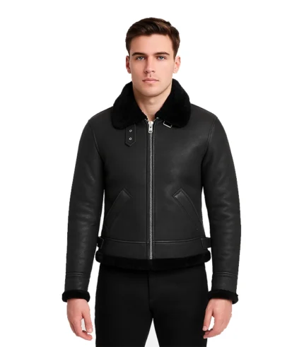 Shearling B-3 Distressed Black Leather Bomber Jacket