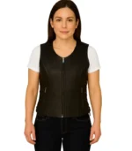 Women’s Vanda black leather biker vest featuring an asymmetrical silver zipper, notched lapels, and a sleeveless tailored fit.