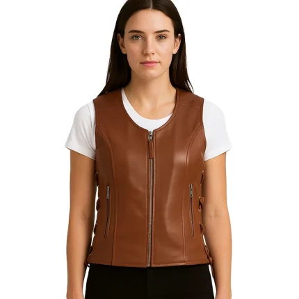 Vanda Brown Leather Biker Vest