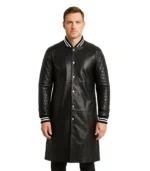 A men’s Wilde black leather varsity coat featuring a premium leather body, contrasting ribbed knit collar and cuffs, and a structured, tailored fit.