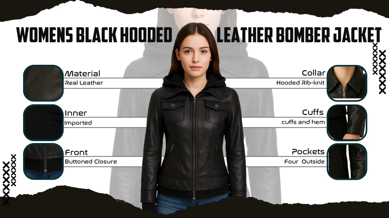 Womens Black Hooded Leather Bomber Jacket
