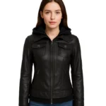 Womens Black Hooded Leather Bomber Jacket