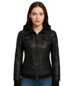 Womens Black Hooded Leather Bomber Jacket