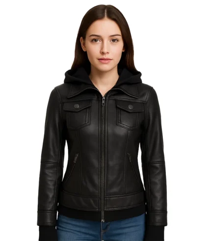 Womens Black Hooded Leather Bomber Jacket