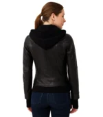 Womens Black Hooded Leather Bomber Jacket
