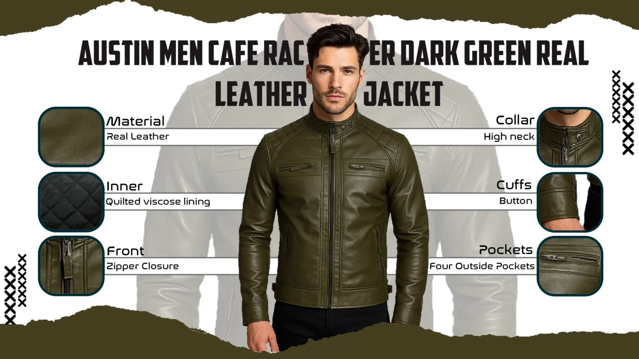 Austin Men Cafe Racer Dark Green Real Leather Jacket
