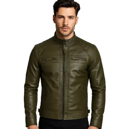 Austin Men Cafe Racer Dark Green Real Leather Jacket