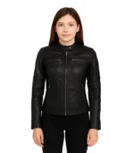 A classic black cafe racer leather jacket featuring a snap-tab mandarin collar, silver-tone hardware, and a sleek, unembellished front.