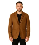 A men’s Borges brown wool blazer featuring a notched lapel, two-button closure, and a textured weave in a rich earthy tone.
