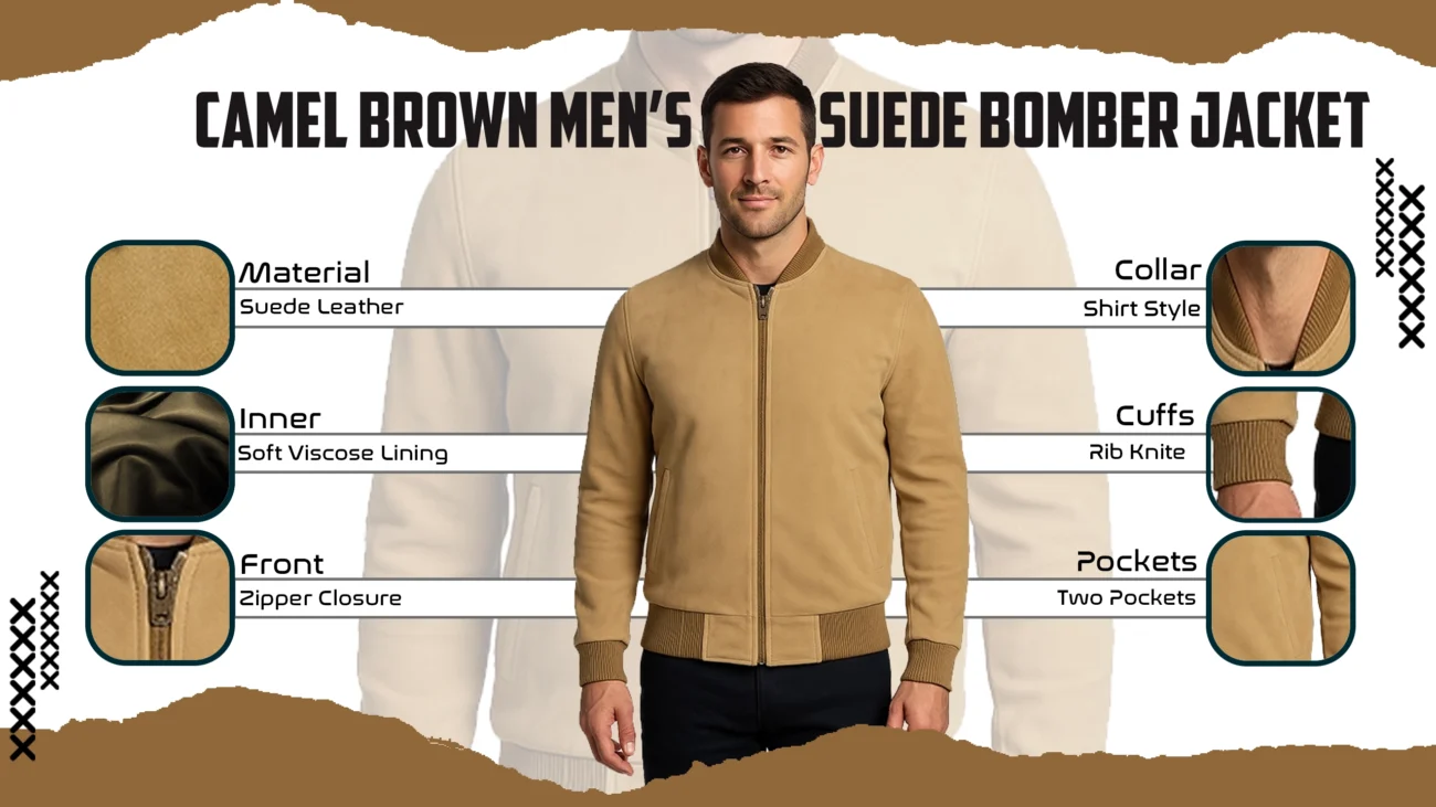 Camel Brown Men’s Suede Bomber Jacket