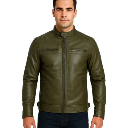 Classic Men’s Dark Green Real Leather Cafe Racer Biker Jacket