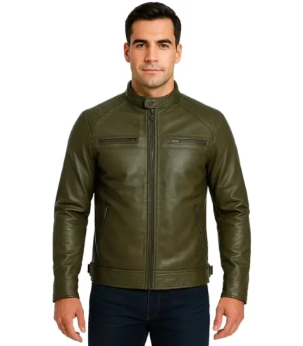 Classic Men’s Dark Green Real Leather Cafe Racer Biker Jacket