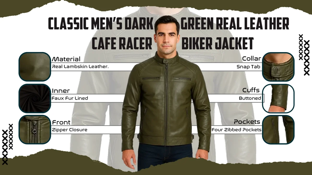 Classic Men's Dark Green Real Leather Cafe Racer Biker Jacket