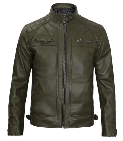 Classic-Mens-Dark-Green-Real-Leather-Cafe-Racer-Biker-Jacket-f