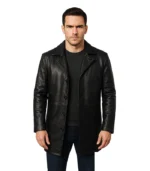 A men’s Classmith black leather coat featuring a mid-length hem, notched lapels, button-front closure, and a sleek, polished finish.