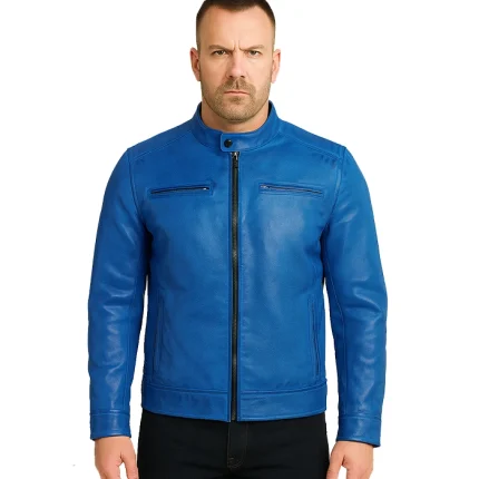 Dodge Cafe Racer Blue Leather Jacket Men