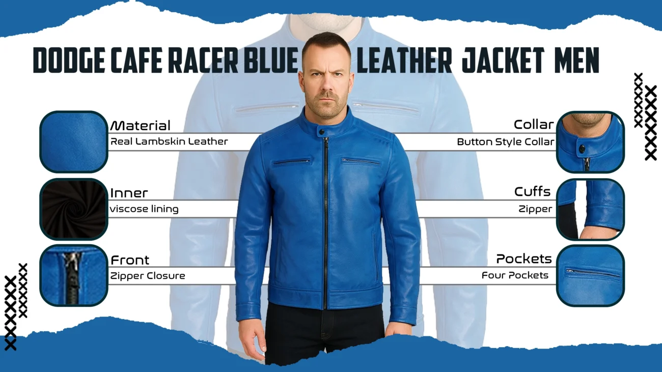 Dodge Cafe Racer Blue Leather Jacket Men