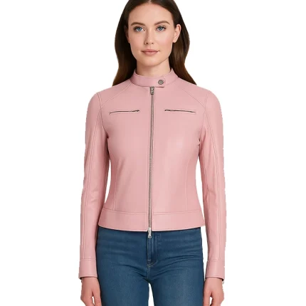 Dodge Light Pink Cafe Racer Leather Jacket for Women