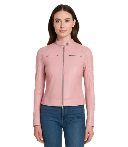 Dodge Light Pink Cafe Racer Leather Jacket for Women