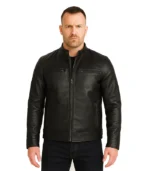 Dodge Men’s Black Leather Cafe Racer Jacket