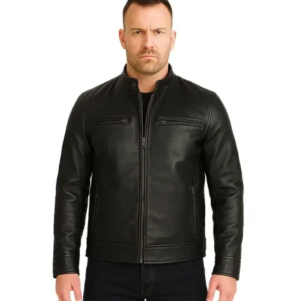 Dodge Men’s Black Leather Cafe Racer Jacket