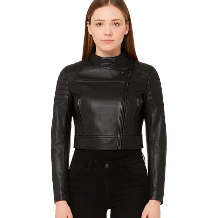 Edna Black Cropped Leather Jacket Womens