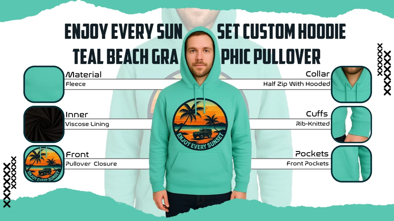 Enjoy Every Sunset Custom Hoodie – Teal Beach Graphic Pullover