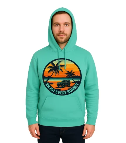 Enjoy Every Sunset Custom Hoodie – Teal Beach Graphic